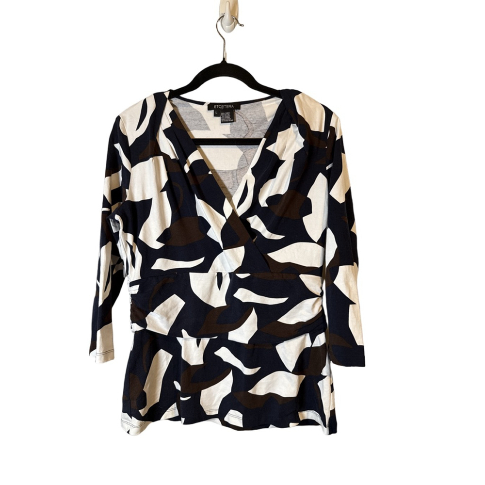 ETCETERA Women’s Blouse Navy White Brown Abstract Print V-Neck Ruched Size L NWT